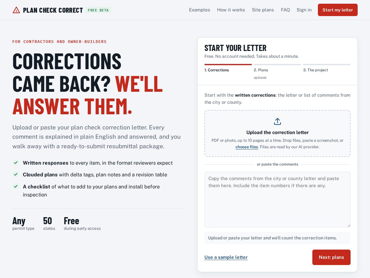 Landing-page snapshot of plancheckcorrect.com