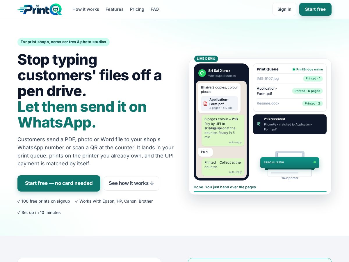 Landing-page snapshot of printq.net