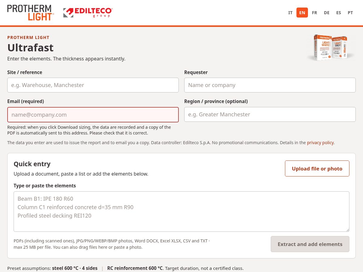 Landing-page snapshot of prothermlight.com