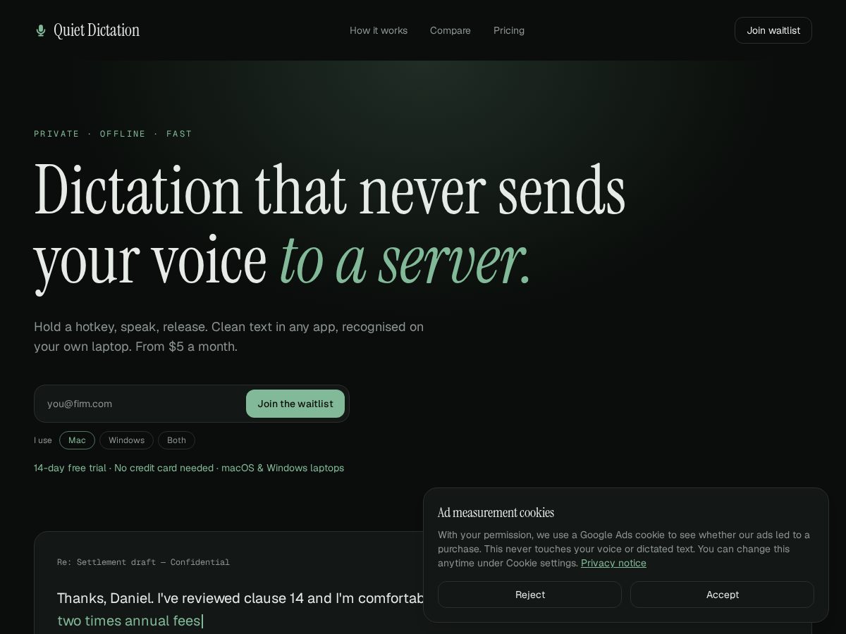 Landing-page snapshot of quietdictation.com