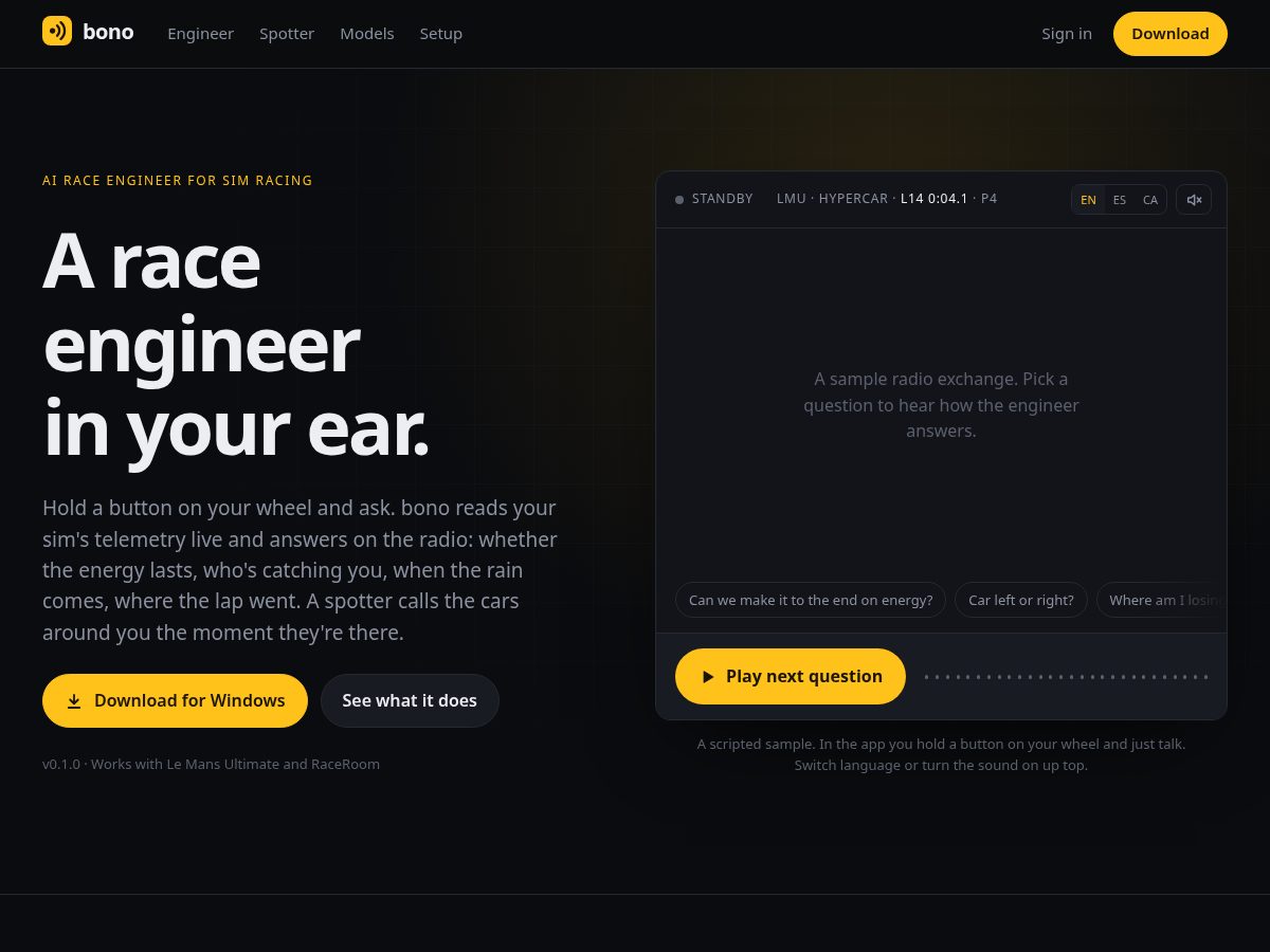 Landing-page snapshot of racebono.com