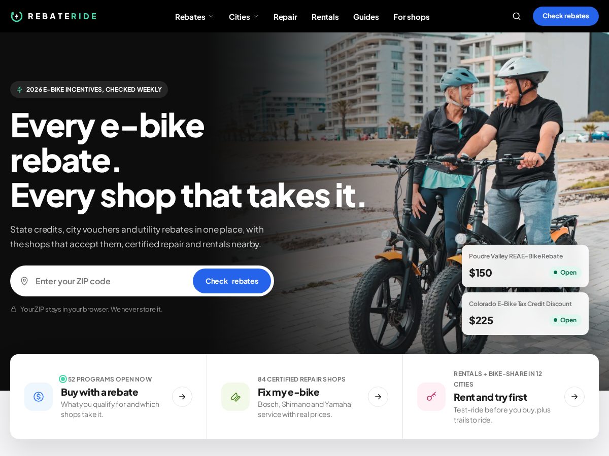Landing-page snapshot of rebateride.com