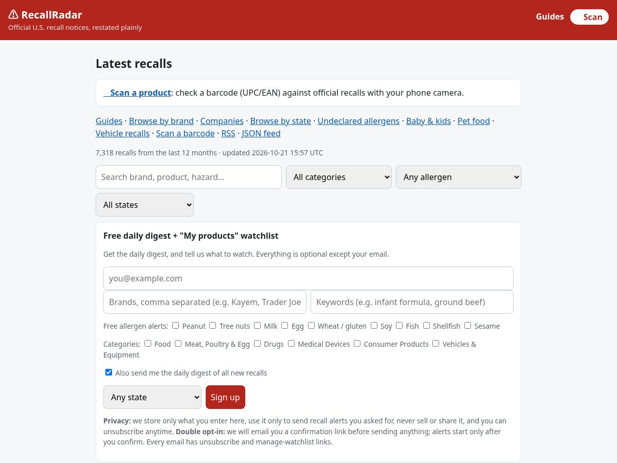 Landing-page snapshot of recallradaralerts.com