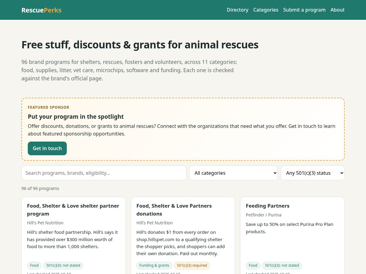 Landing-page snapshot of rescueperks.org