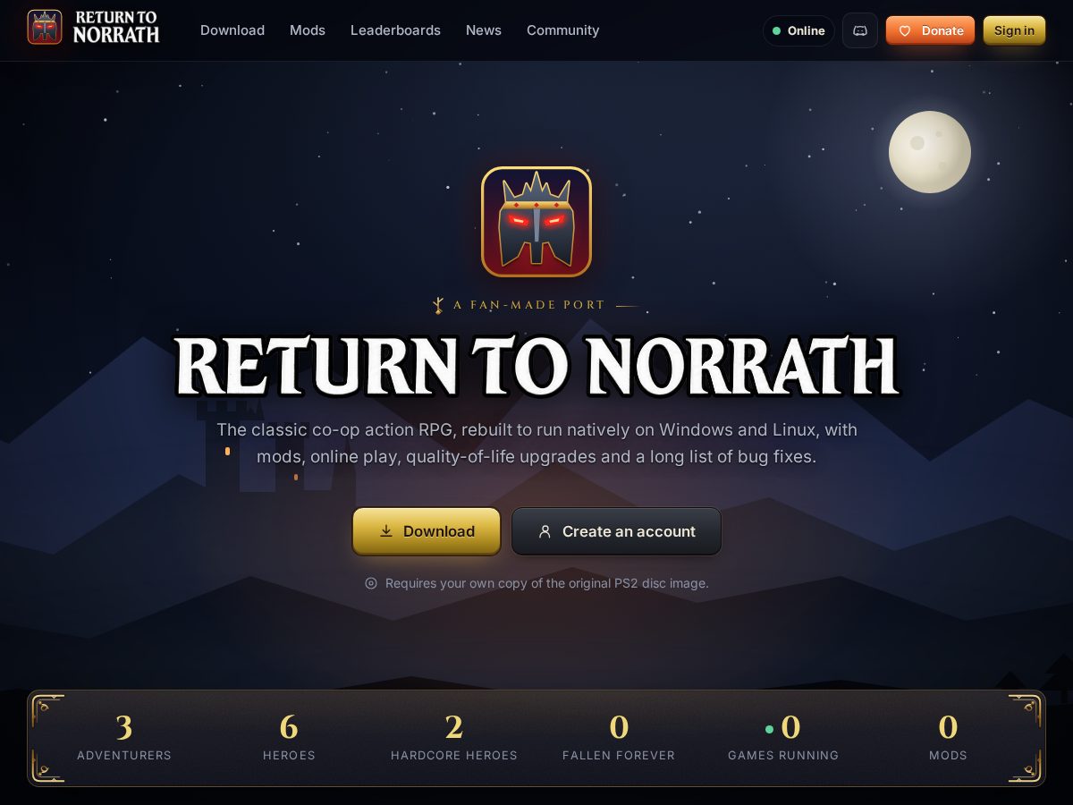 Landing-page snapshot of returntonorrath.com