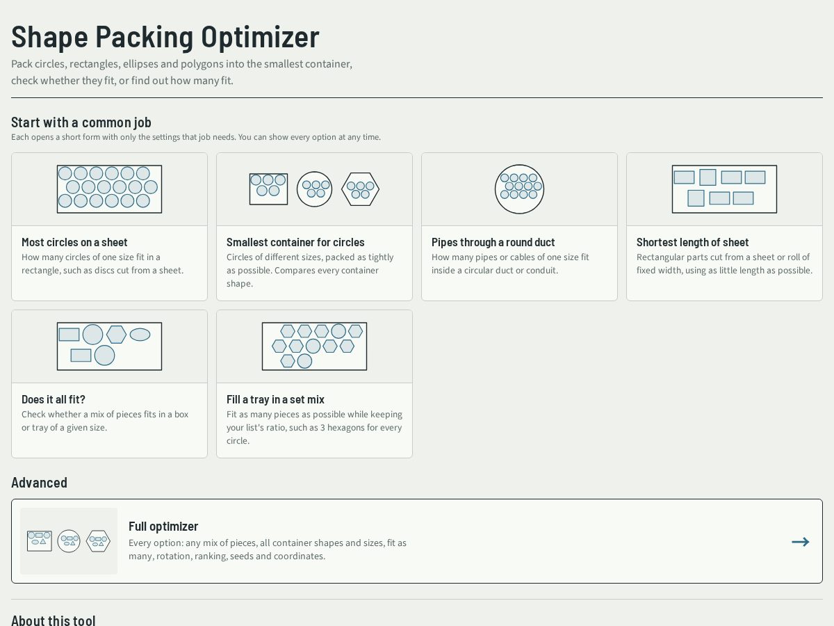 Landing-page snapshot of shape-packing-optimizer.com