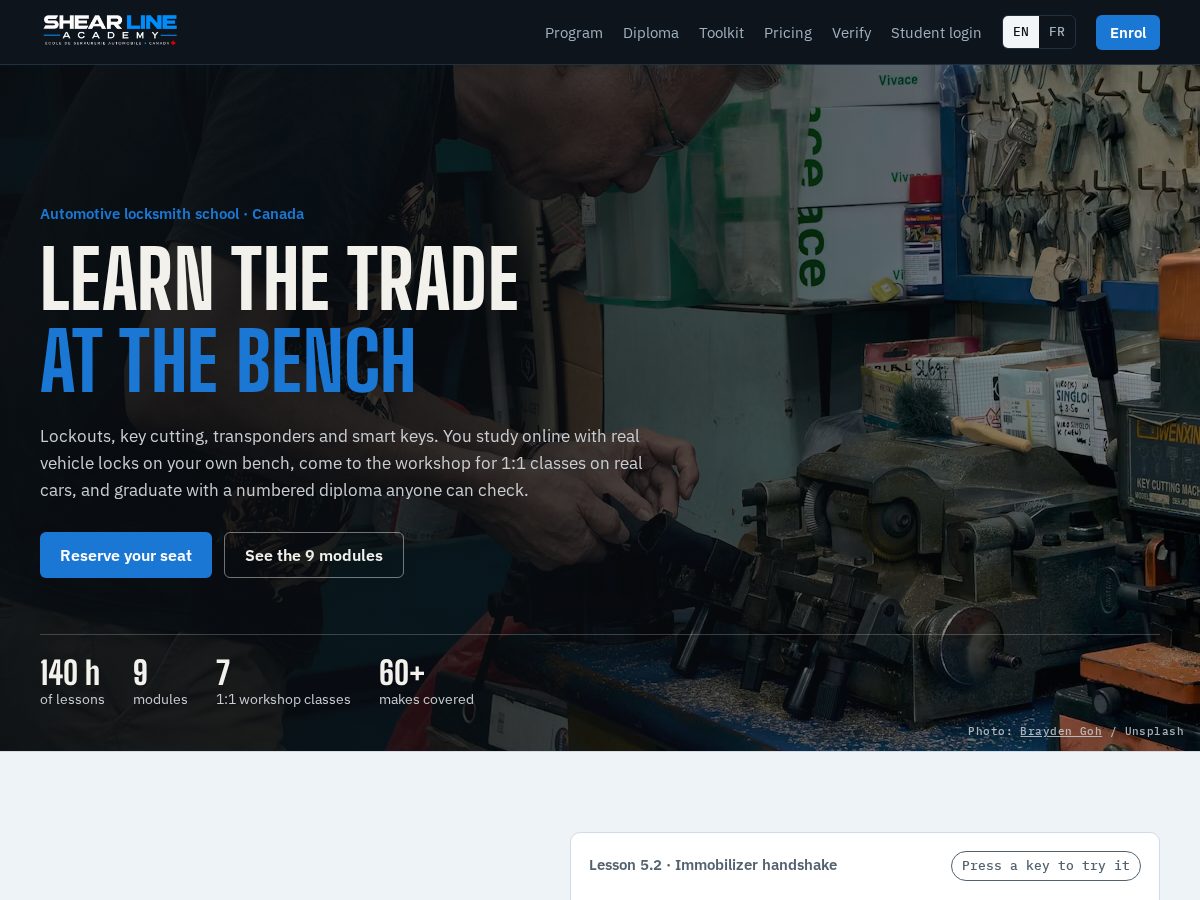 Landing-page snapshot of shearline.academy