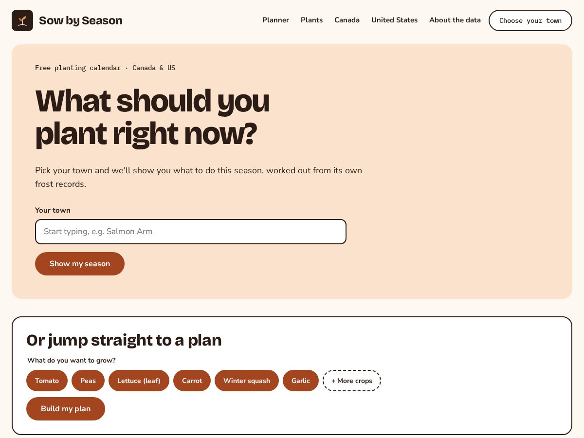 Landing-page snapshot of sowbyseason.com