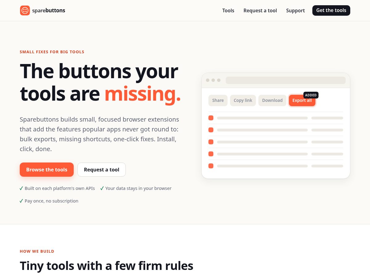 Landing-page snapshot of sparebuttons.com