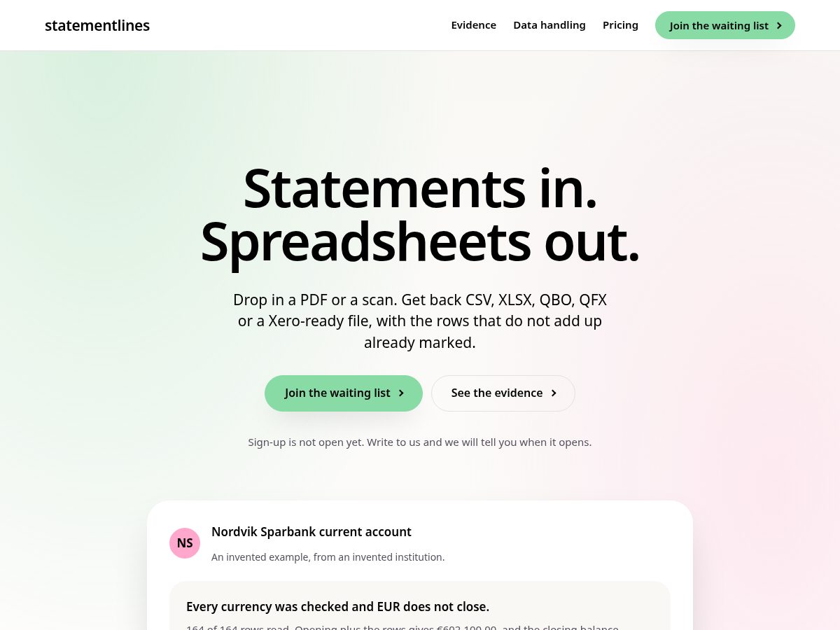 Landing-page snapshot of statementlines.com
