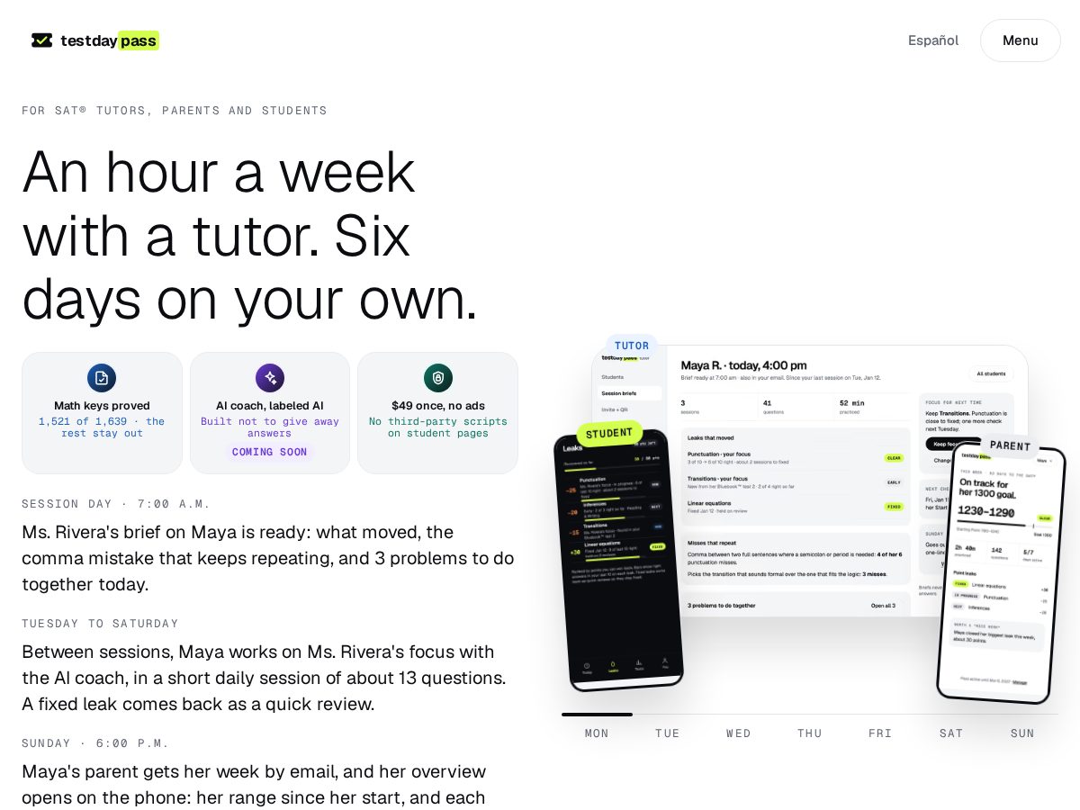 Landing-page snapshot of testdaypass.com