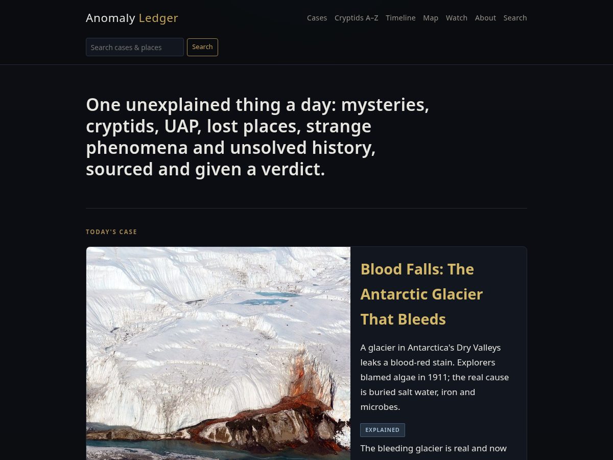 Landing-page snapshot of theanomalyledger.com