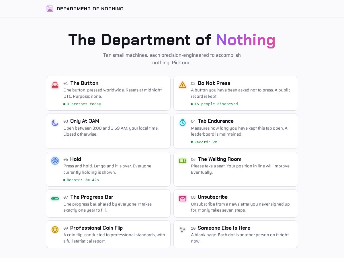 Landing-page snapshot of thedepartmentofnothing.com