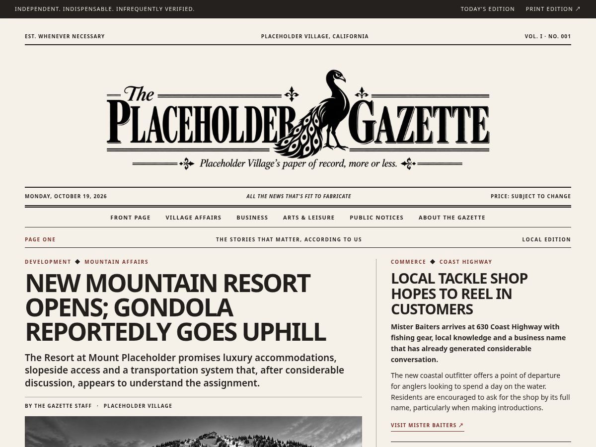 Landing-page snapshot of theplaceholdergazette.com