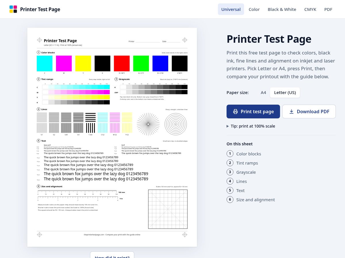 Landing-page snapshot of theprintertestpage.com