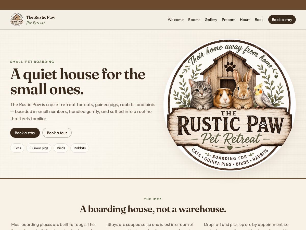Landing-page snapshot of therusticpawpetretreat.com