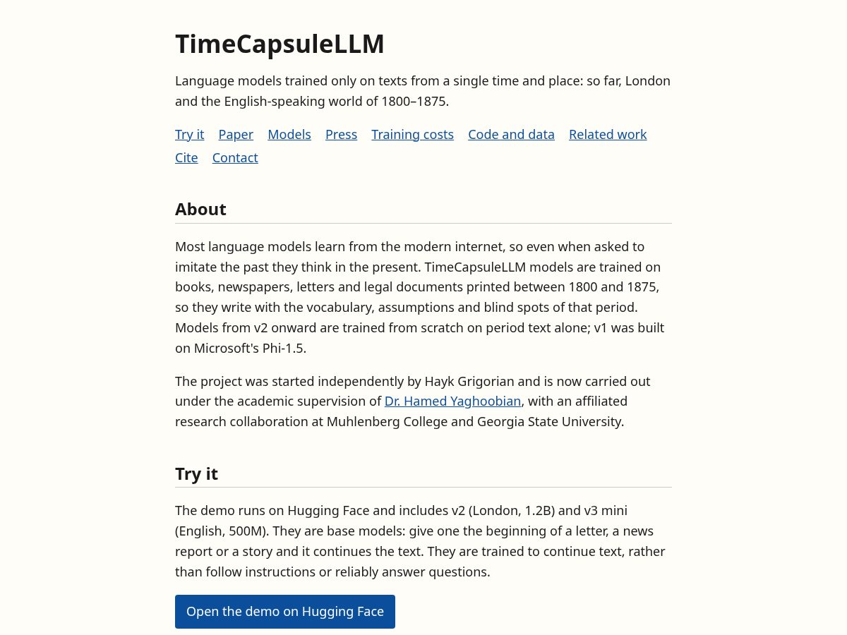 Landing-page snapshot of timecapsulellm.com