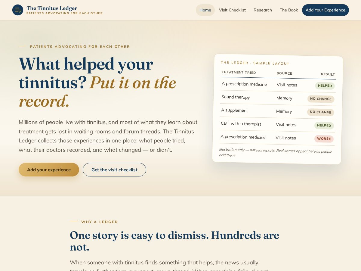 Landing-page snapshot of tinnitusledger.com