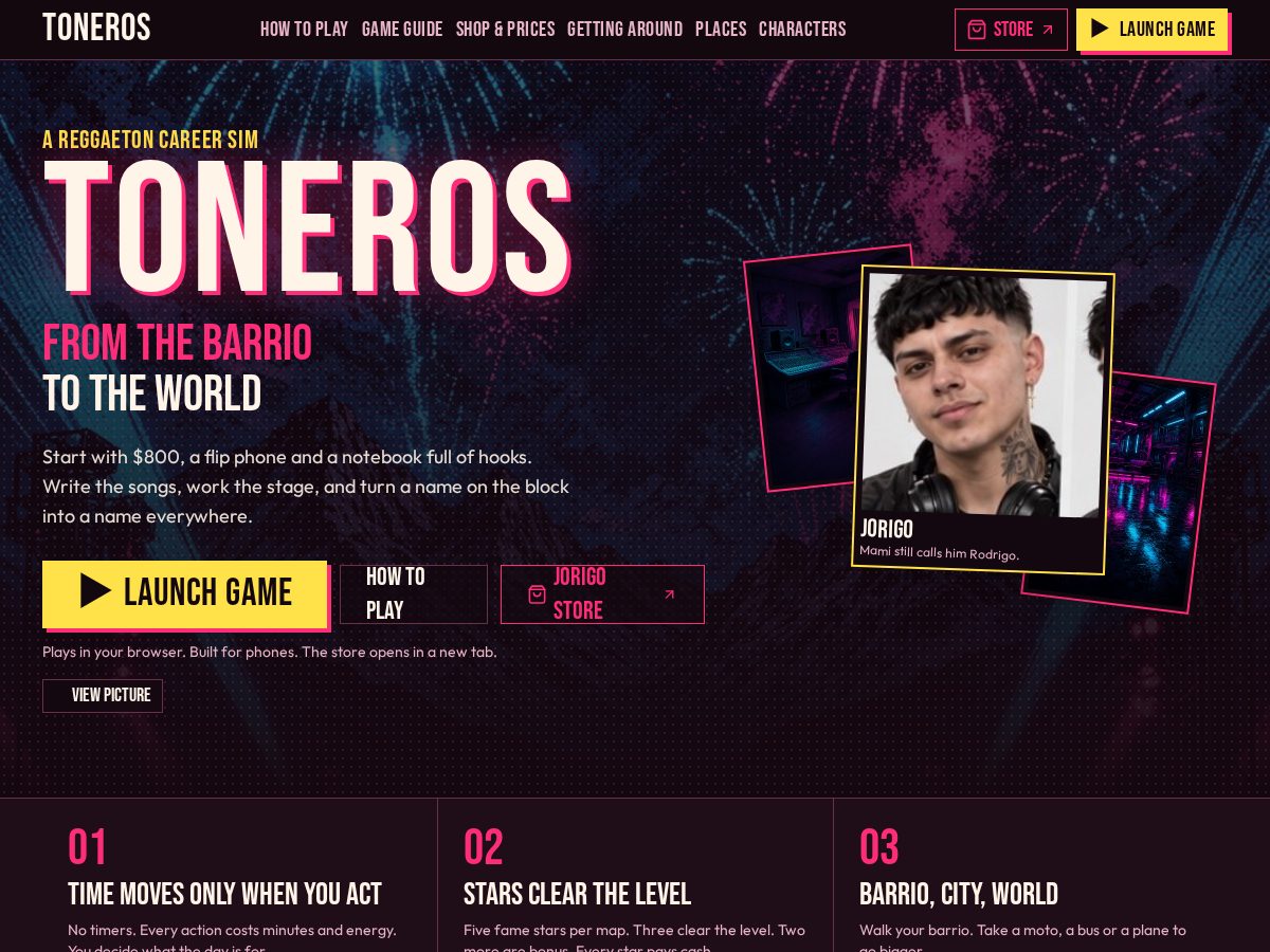 Landing-page snapshot of toneros.com