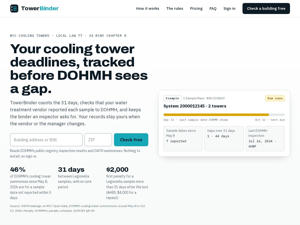 Landing-page snapshot of towerbinder.com