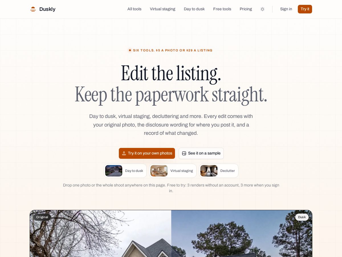Landing-page snapshot of tryduskly.com