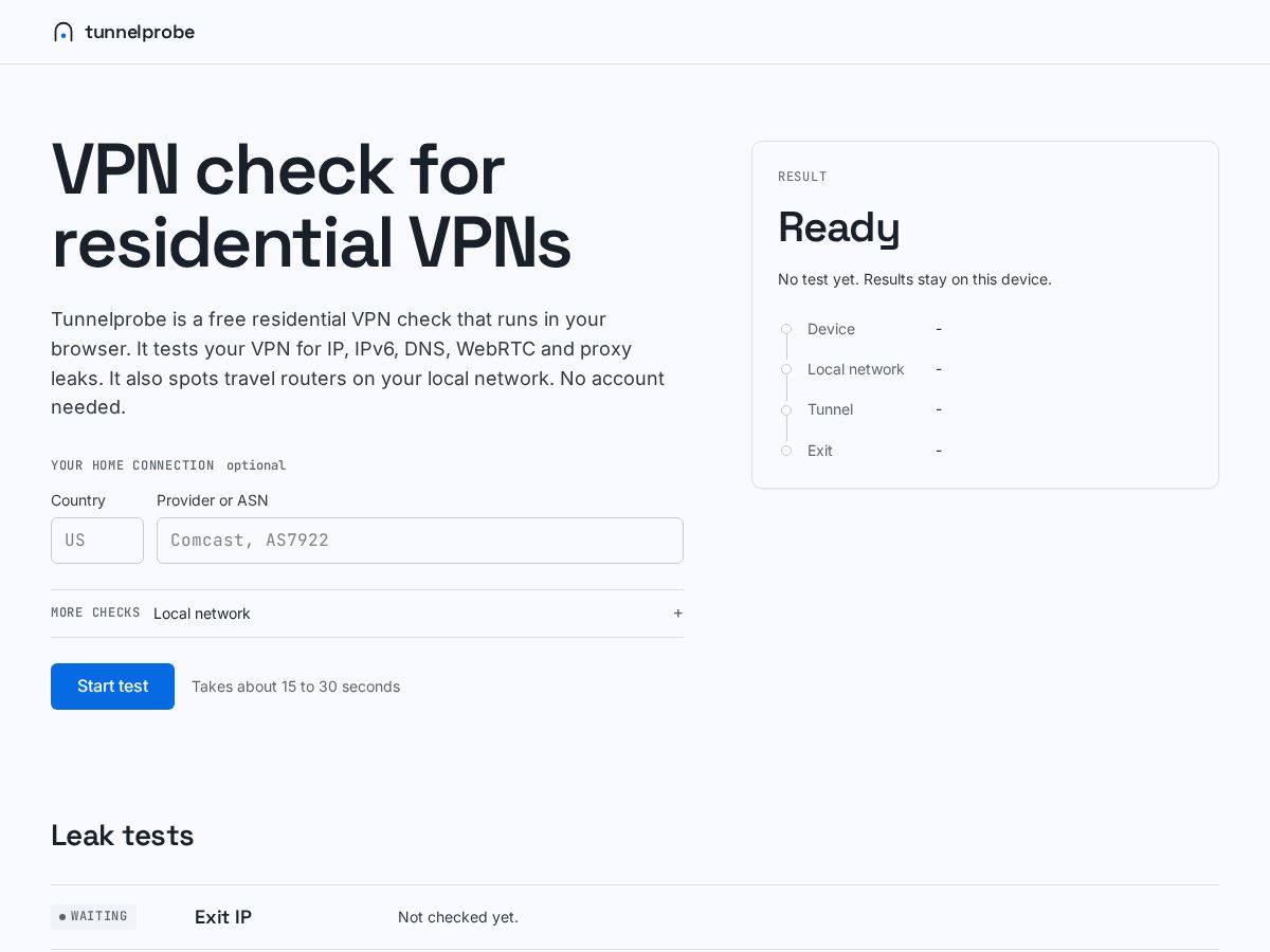 Landing-page snapshot of tunnelprobe.com