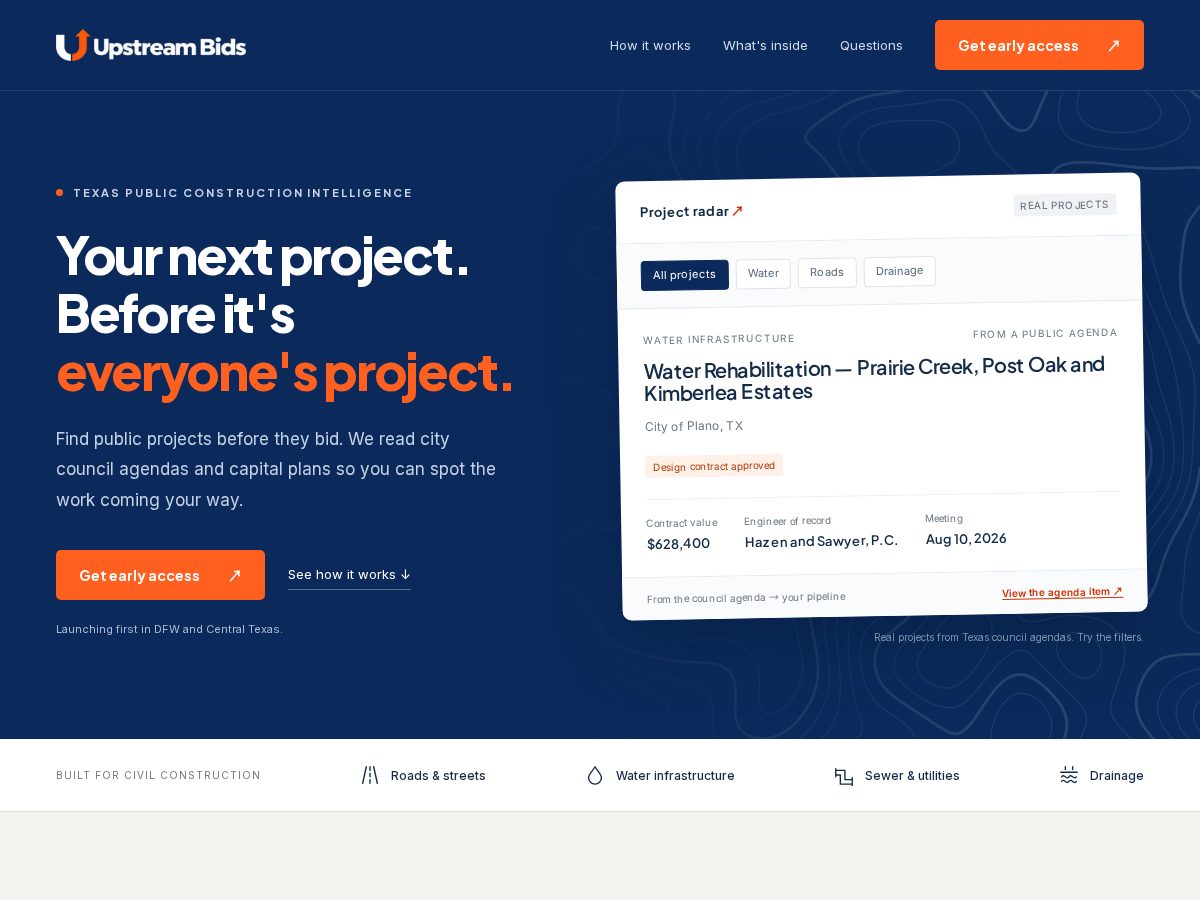 Landing-page snapshot of upstreambids.com