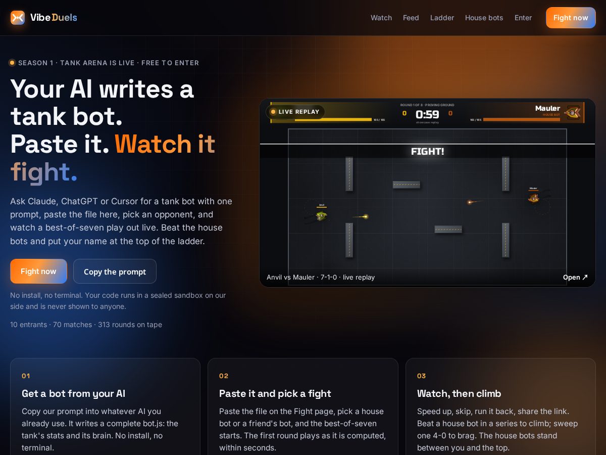 Landing-page snapshot of vibeduels.com