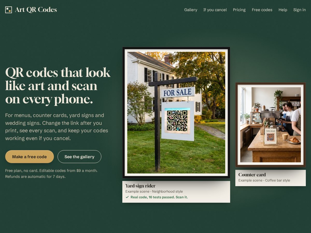 Landing-page snapshot of artqrcodes.com
