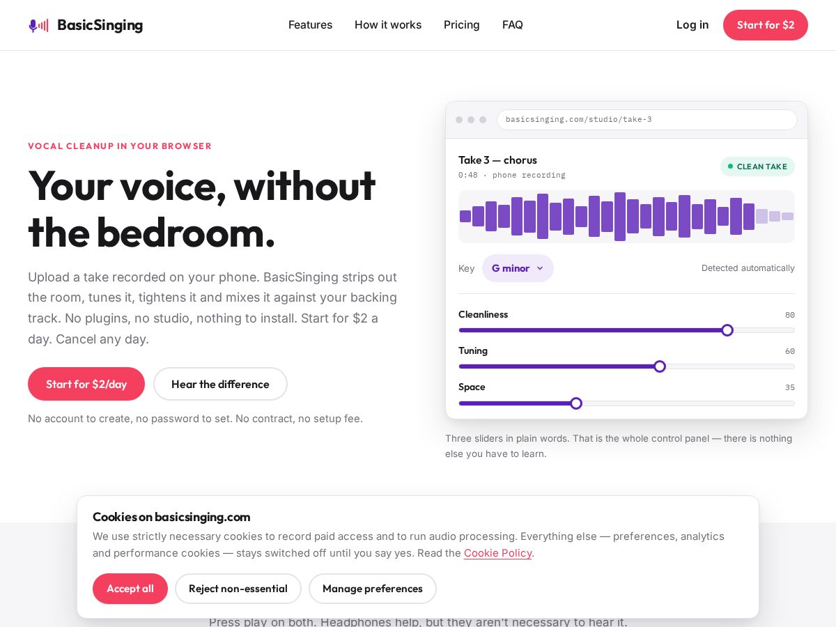 Landing-page snapshot of basicsinging.app