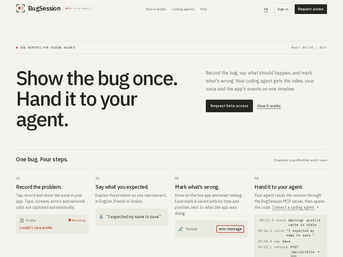 Landing-page snapshot of bugsession.dev