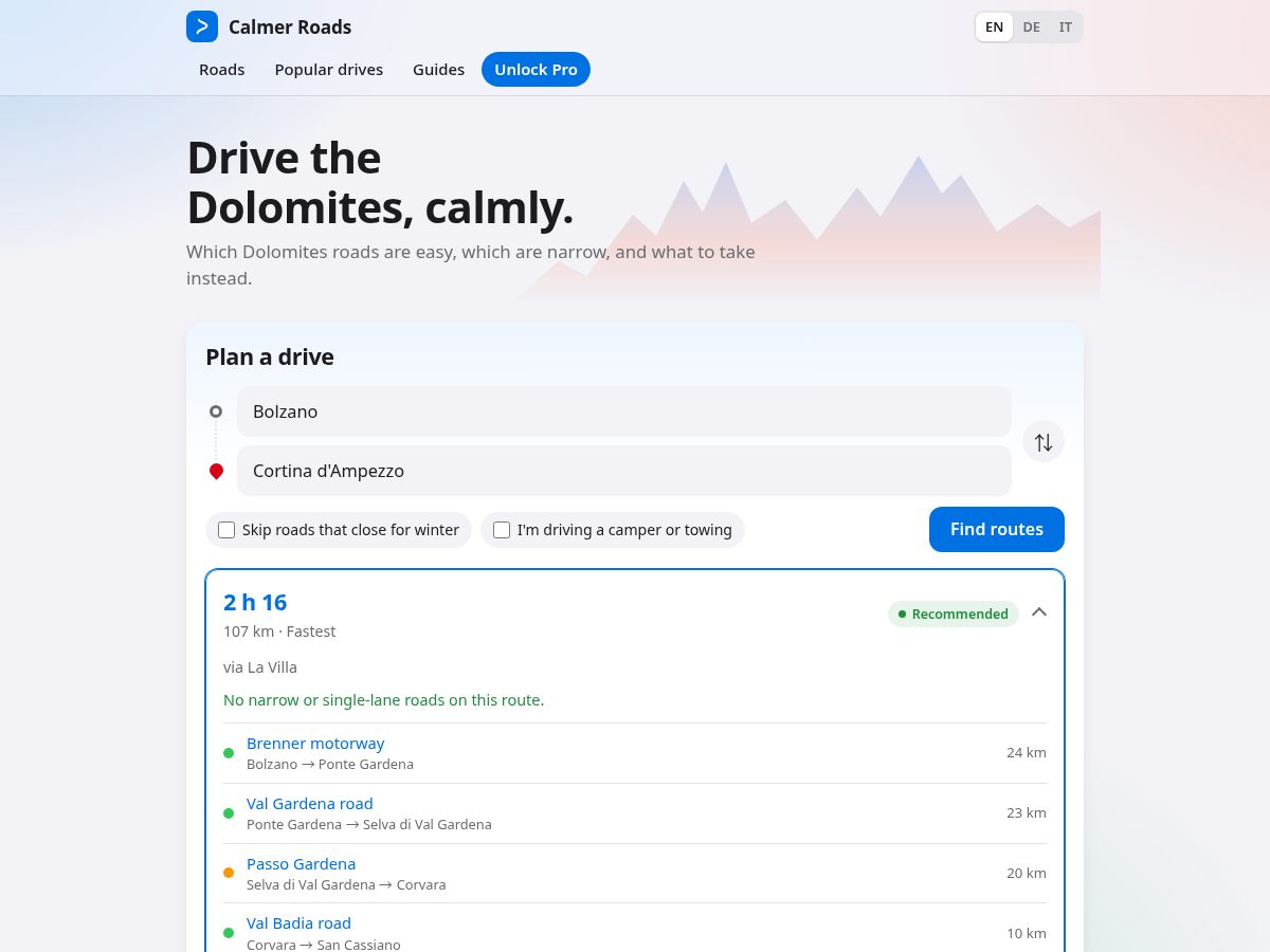 Landing-page snapshot of calmerroads.com
