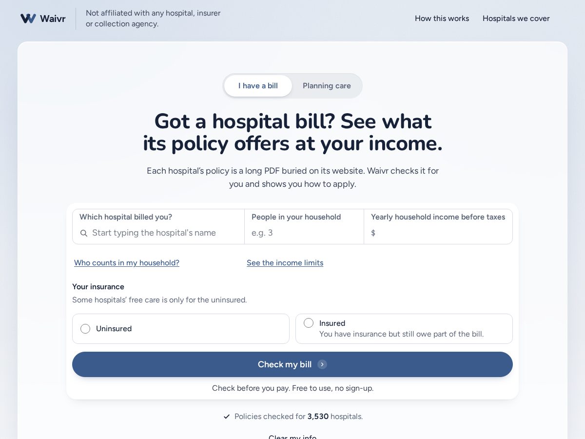 Landing-page snapshot of carewaivr.com