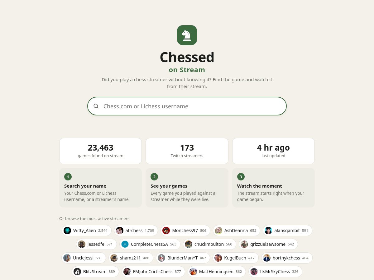 Landing-page snapshot of chessedonstream.com