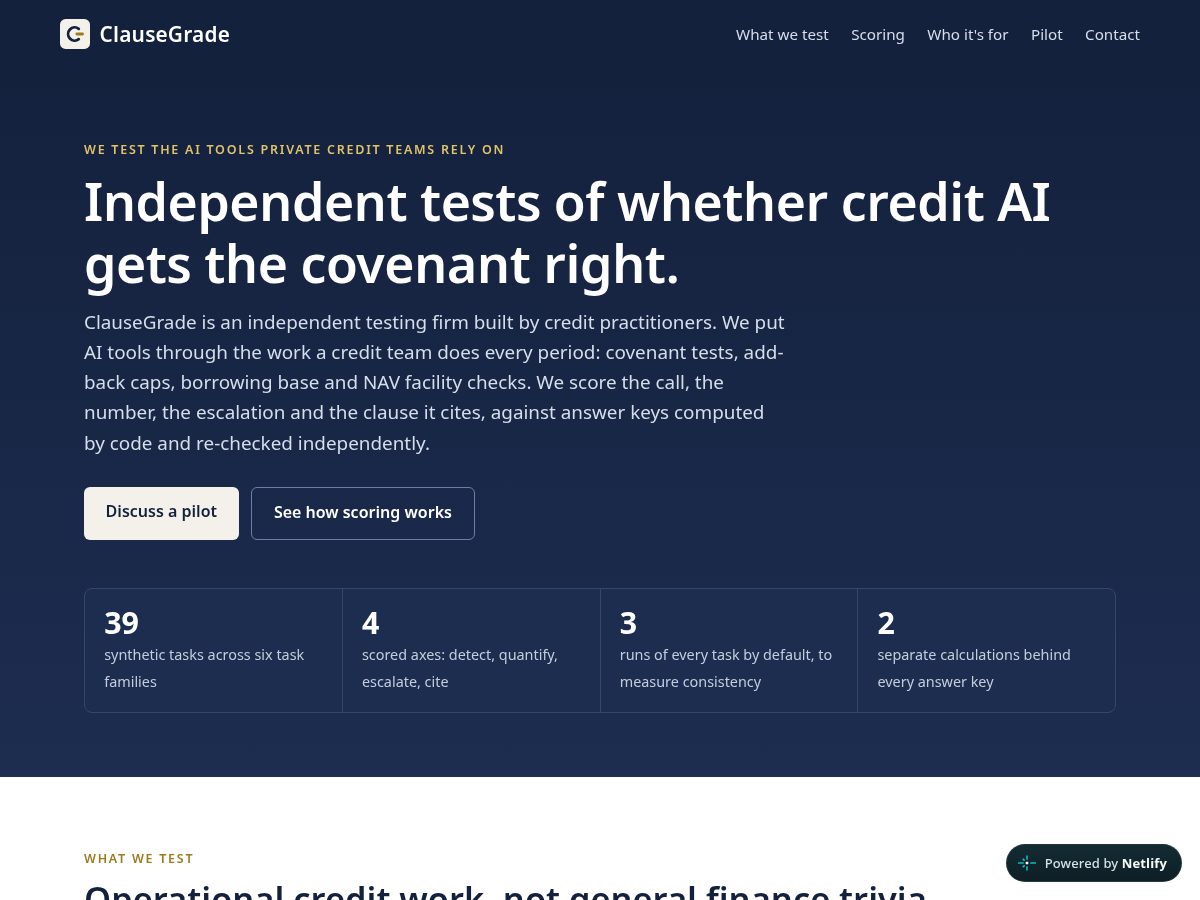 Landing-page snapshot of clausegrade.com