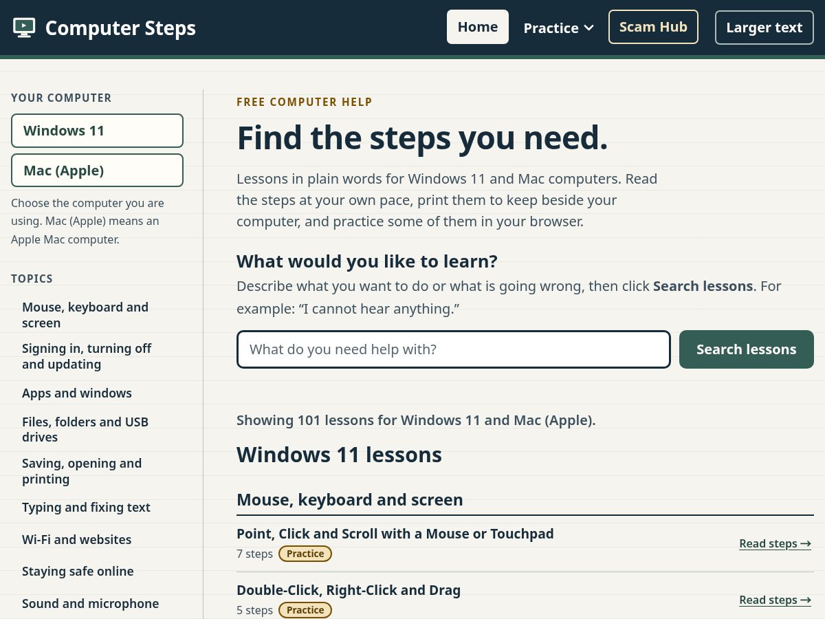 Landing-page snapshot of computer-steps.com