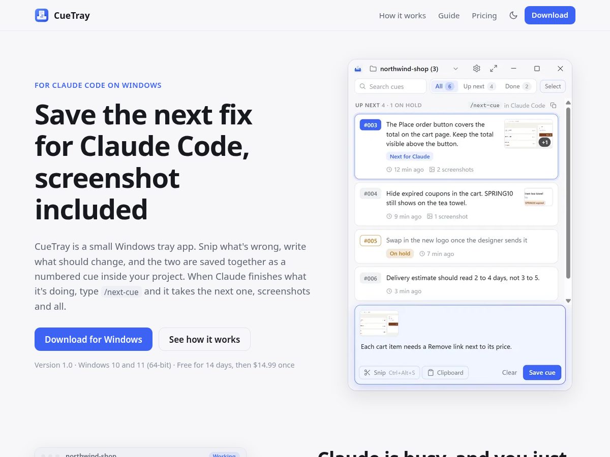Landing-page snapshot of cuetray.com