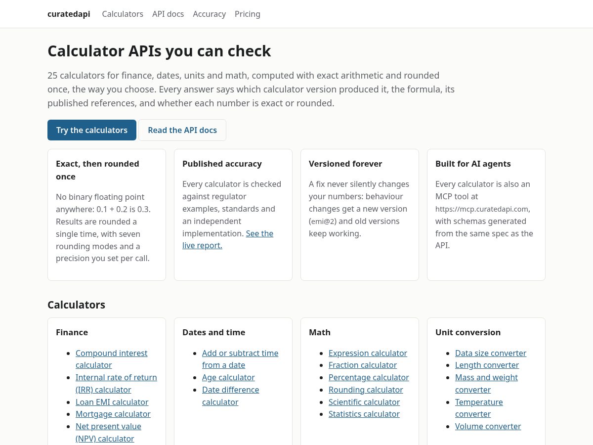 Landing-page snapshot of curatedapi.com