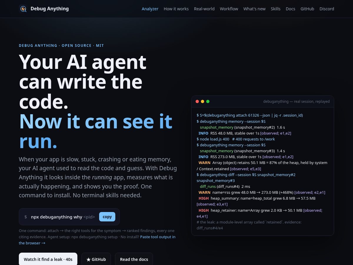 Landing-page snapshot of debuganything.dev