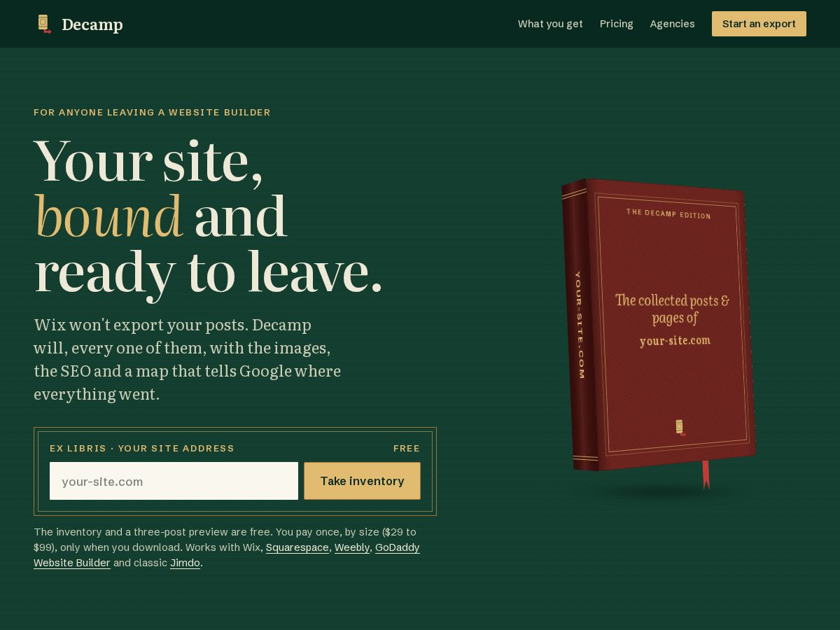 Landing-page snapshot of decamp.app