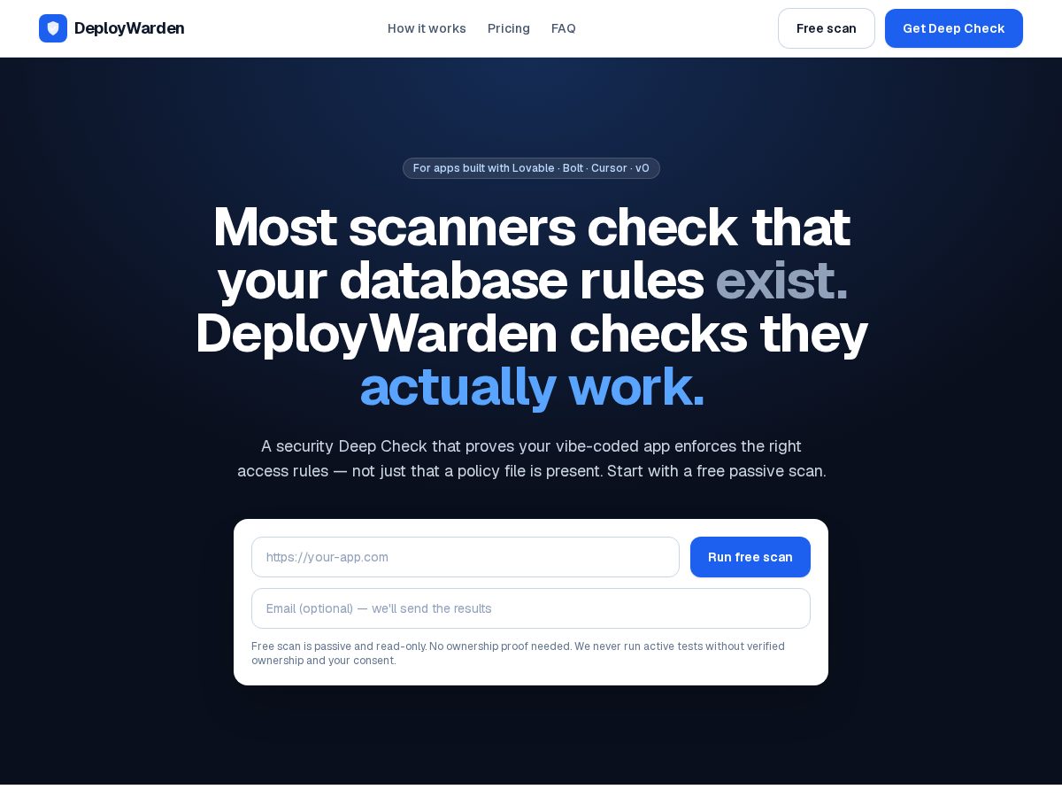 Landing-page snapshot of deploywarden.com
