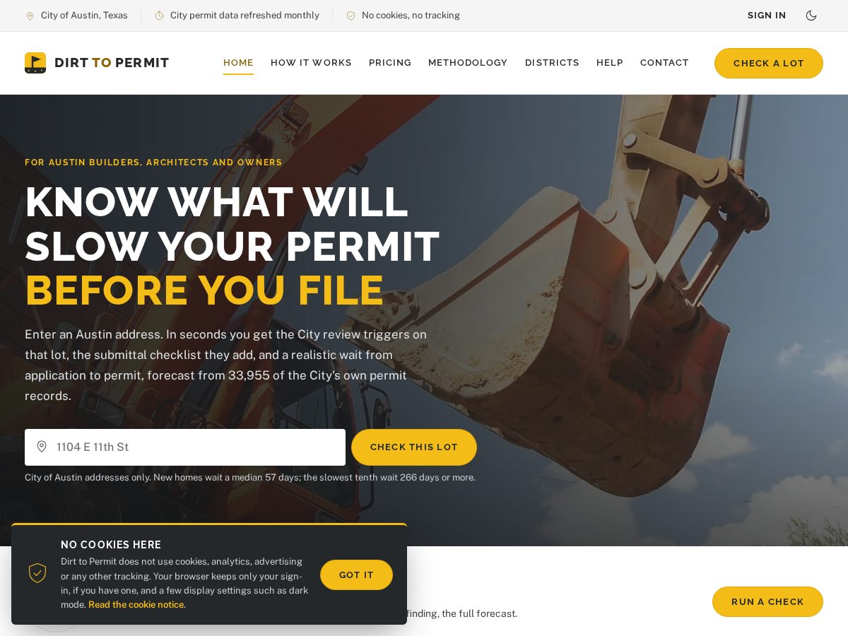 Landing-page snapshot of dirttopermit.com