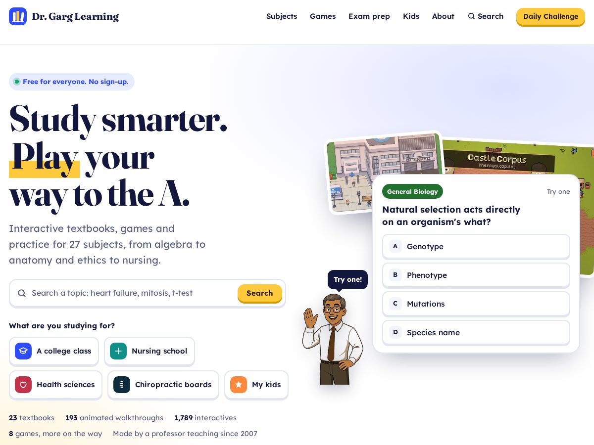 Landing-page snapshot of drgarglearning.com