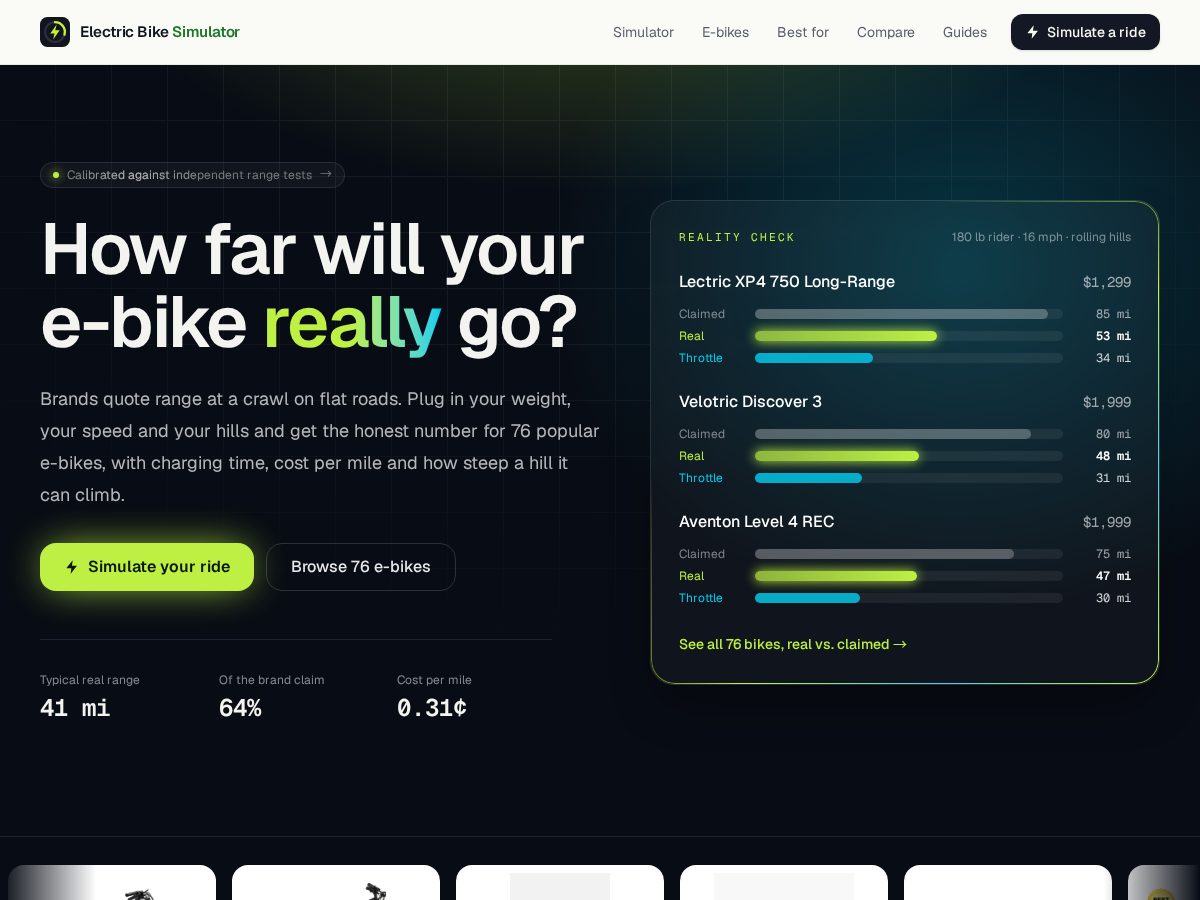 Landing-page snapshot of electricbikesimulator.com