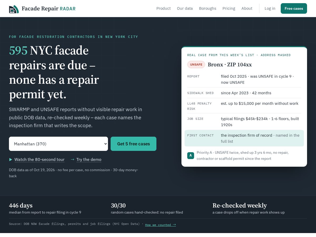 Landing-page snapshot of facaderepairradar.com