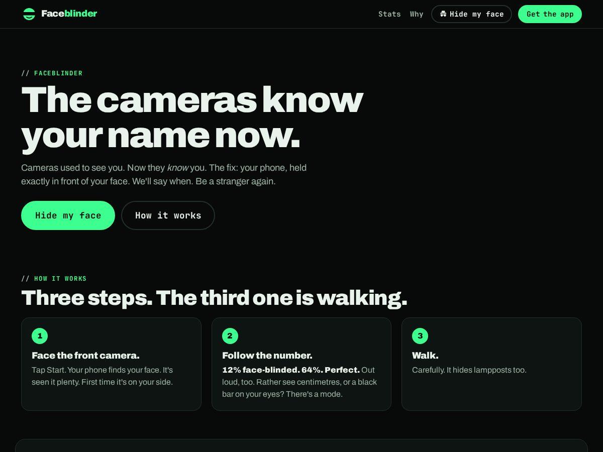 Landing-page snapshot of faceblinder.com
