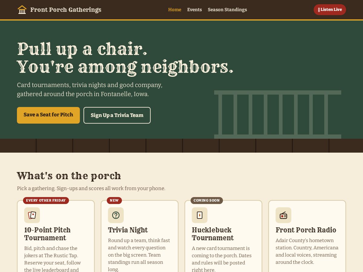 Landing-page snapshot of frontporchgatherings.com