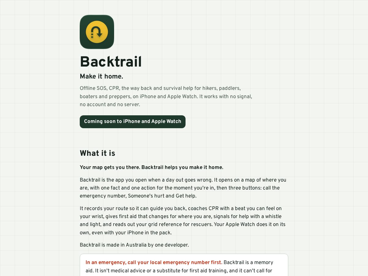 Landing-page snapshot of getbacktrail.com