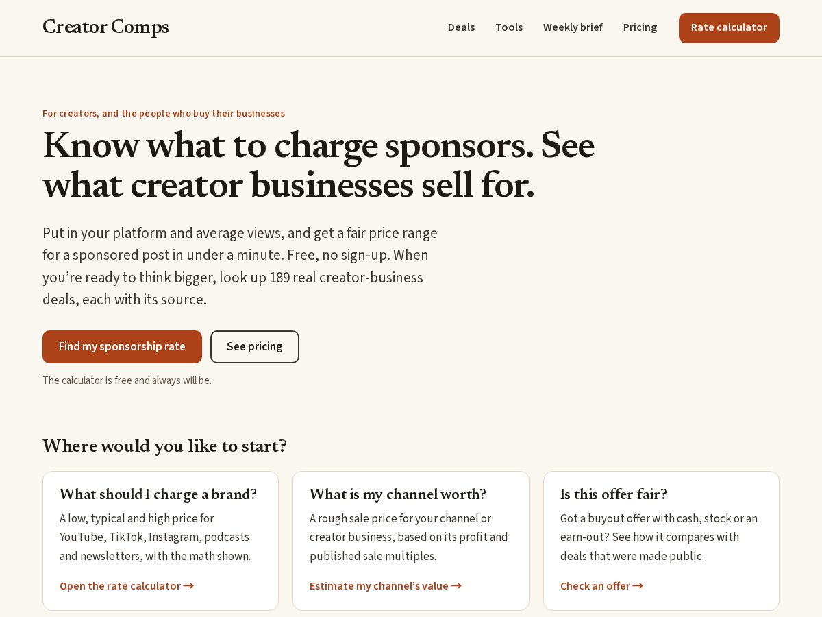 Landing-page snapshot of getcreatorcomps.com