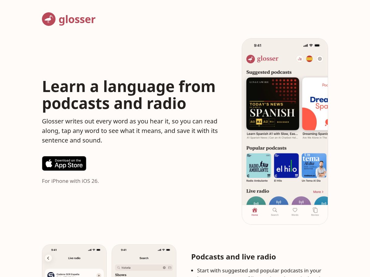 Landing-page snapshot of getglosser.app